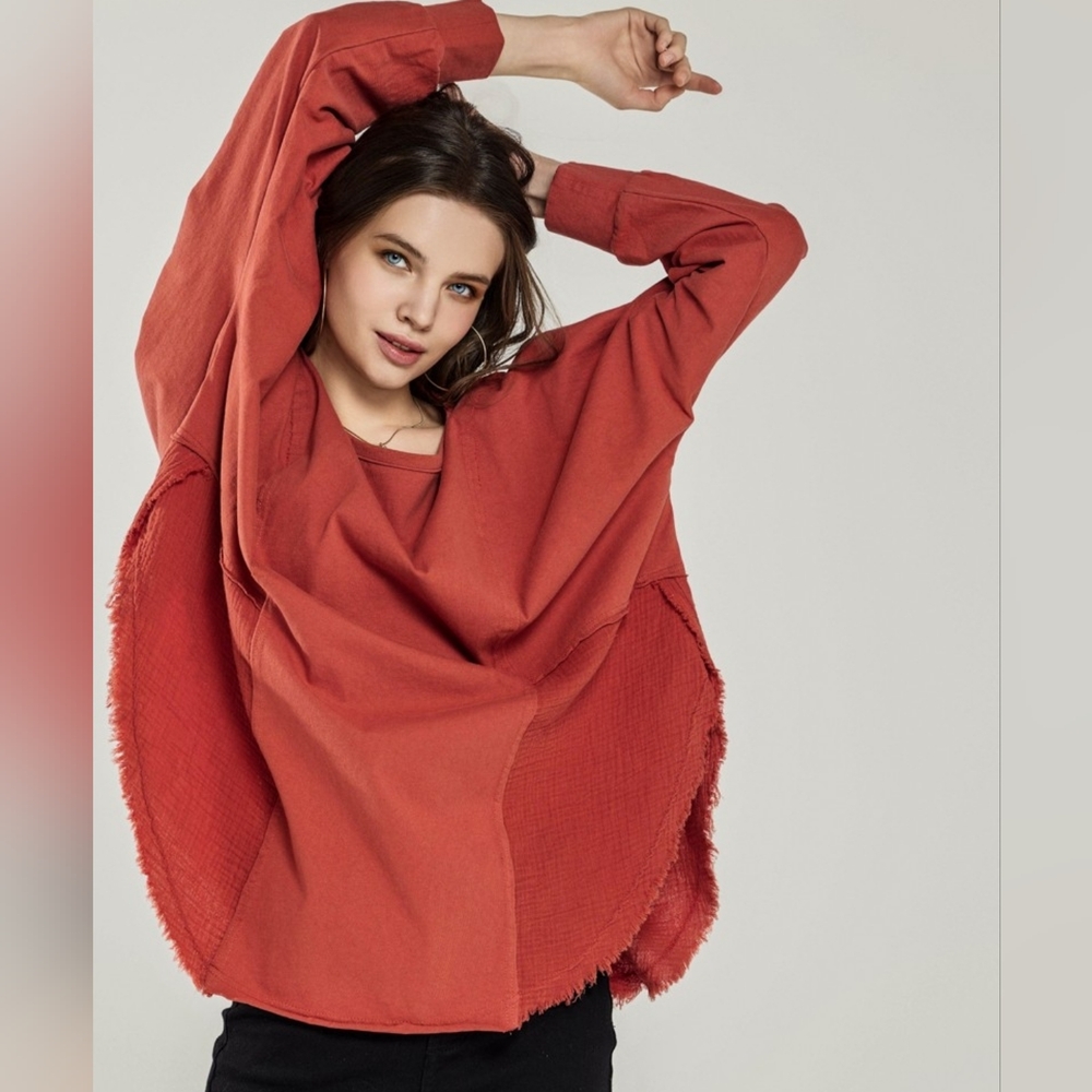 129 | Terra Cotta Oversized Side Slit Contrast Top